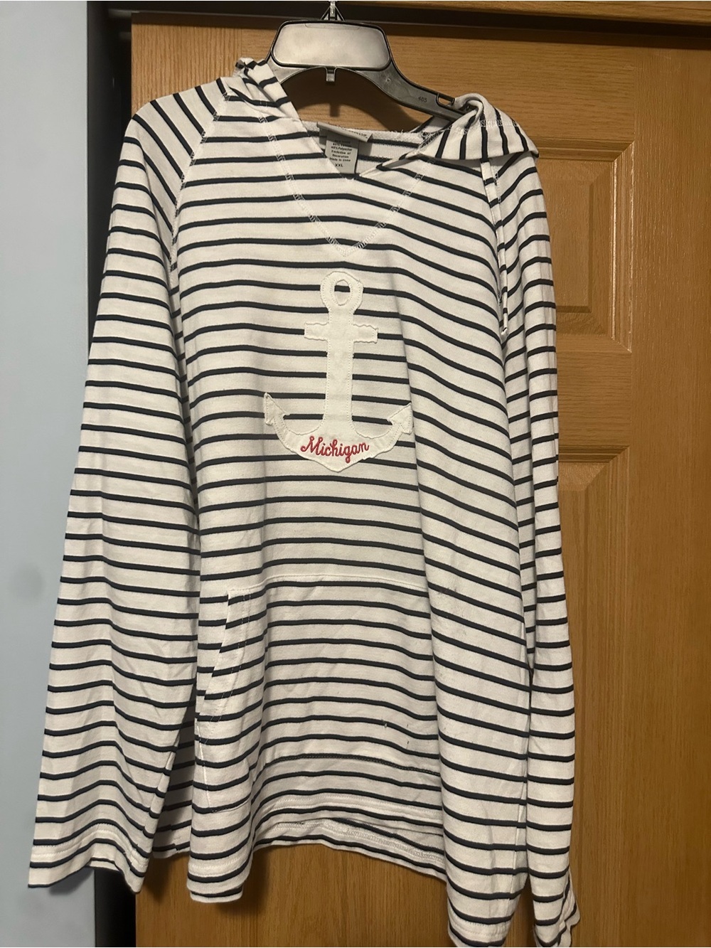Artisan White & Navy Striped Hoodie with Anchor Patch